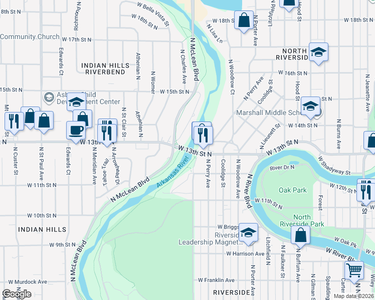 map of restaurants, bars, coffee shops, grocery stores, and more near 1952-2098 West 13th St N in Wichita