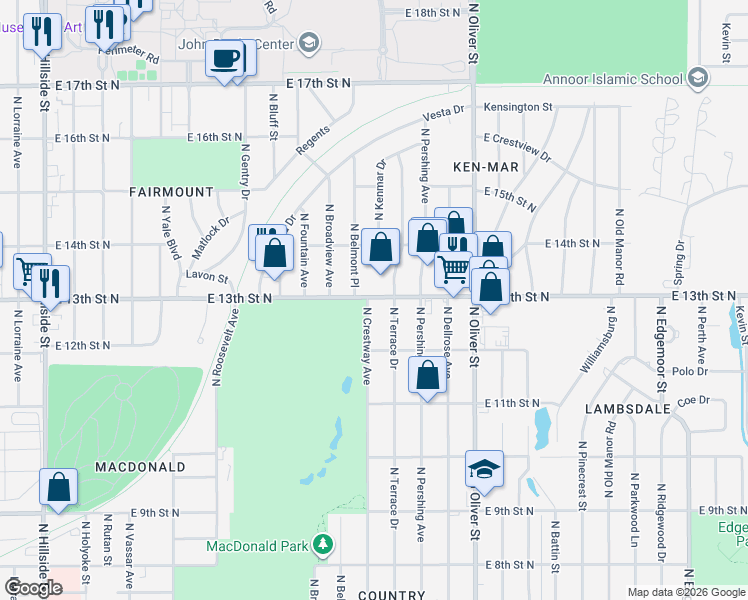 map of restaurants, bars, coffee shops, grocery stores, and more near 1402 North Belmont in Wichita