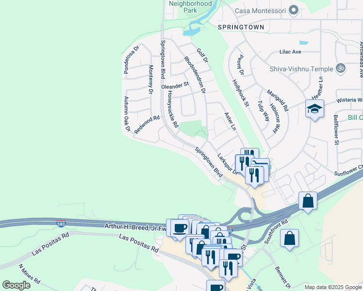 map of restaurants, bars, coffee shops, grocery stores, and more near 1425 Springtown Boulevard in Livermore