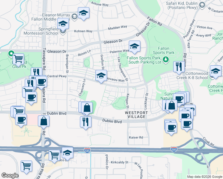 map of restaurants, bars, coffee shops, grocery stores, and more near 3437 Central Parkway in Dublin