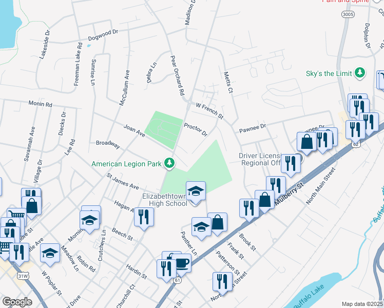 map of restaurants, bars, coffee shops, grocery stores, and more near 700 Bon Aire Drive in Elizabethtown