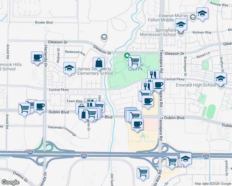 map of restaurants, bars, coffee shops, grocery stores, and more near 4420 Central Parkway in Dublin
