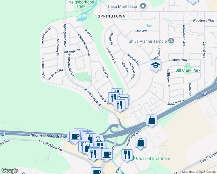 map of restaurants, bars, coffee shops, grocery stores, and more near 4840 Zinnia Court in Livermore