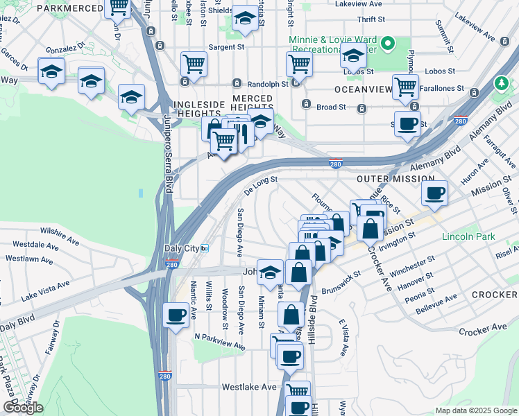 map of restaurants, bars, coffee shops, grocery stores, and more near 2 Santa Cruz Avenue in San Francisco
