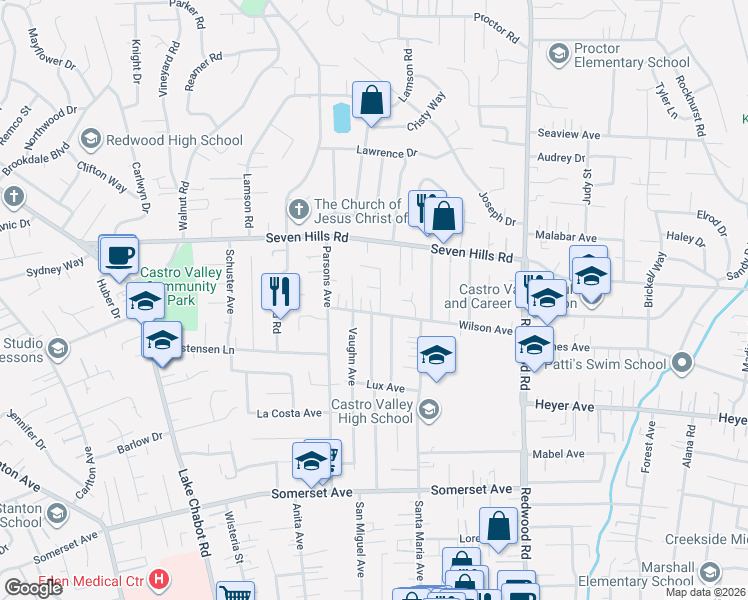 map of restaurants, bars, coffee shops, grocery stores, and more near 18977 Thornbury Avenue in Castro Valley