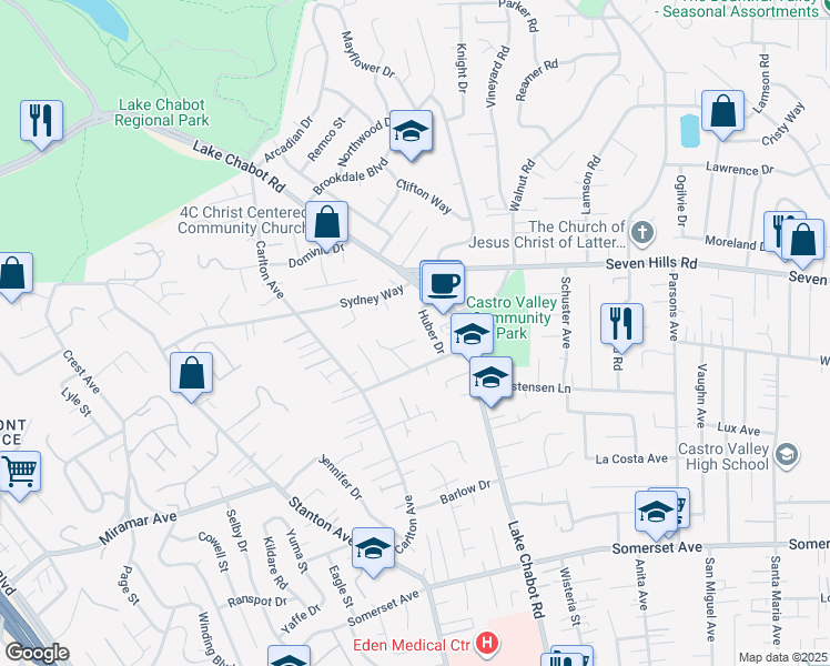 map of restaurants, bars, coffee shops, grocery stores, and more near 3166 Brent Court in Castro Valley