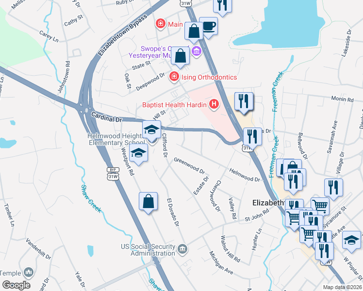 map of restaurants, bars, coffee shops, grocery stores, and more near 205 Westwood Court in Elizabethtown