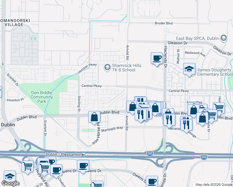 map of restaurants, bars, coffee shops, grocery stores, and more near 5509 Holly Bay Avenue in Dublin
