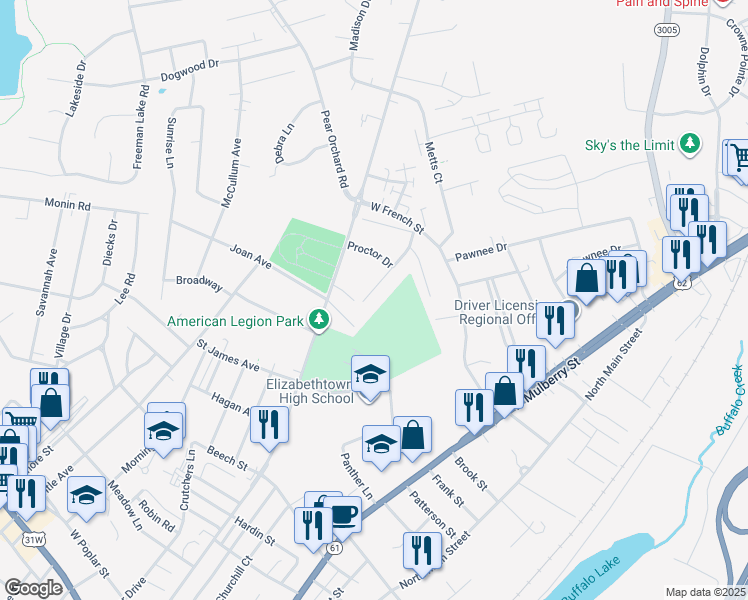 map of restaurants, bars, coffee shops, grocery stores, and more near 700-712 Bon Aire Drive in Elizabethtown