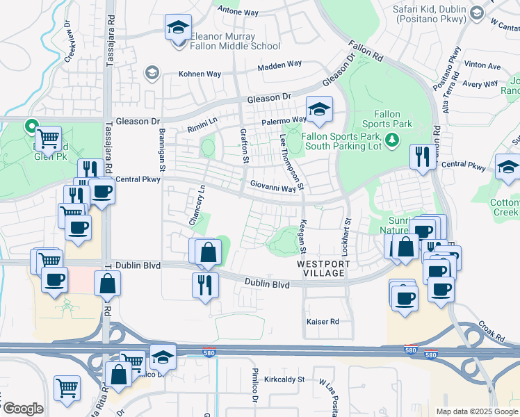 map of restaurants, bars, coffee shops, grocery stores, and more near 3437 Central Parkway in Dublin