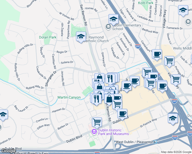 map of restaurants, bars, coffee shops, grocery stores, and more near 7616 Arbor Creek Circle in Dublin