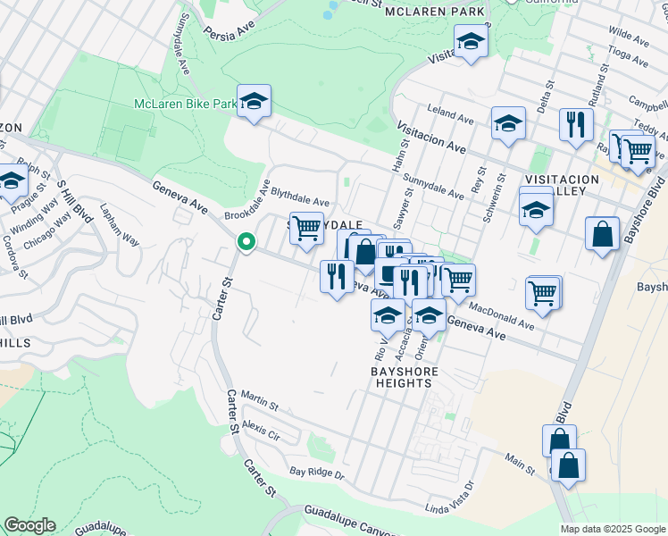 map of restaurants, bars, coffee shops, grocery stores, and more near 2321 Geneva Avenue in Daly City