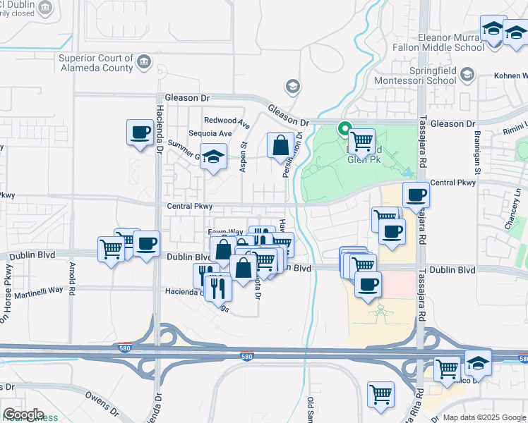 map of restaurants, bars, coffee shops, grocery stores, and more near 4630 Central Parkway in Dublin