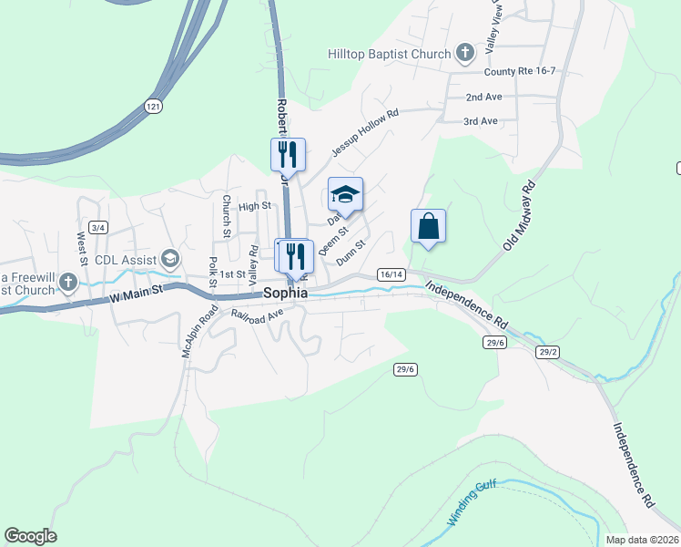 map of restaurants, bars, coffee shops, grocery stores, and more near 329 East Main Street in Sophia
