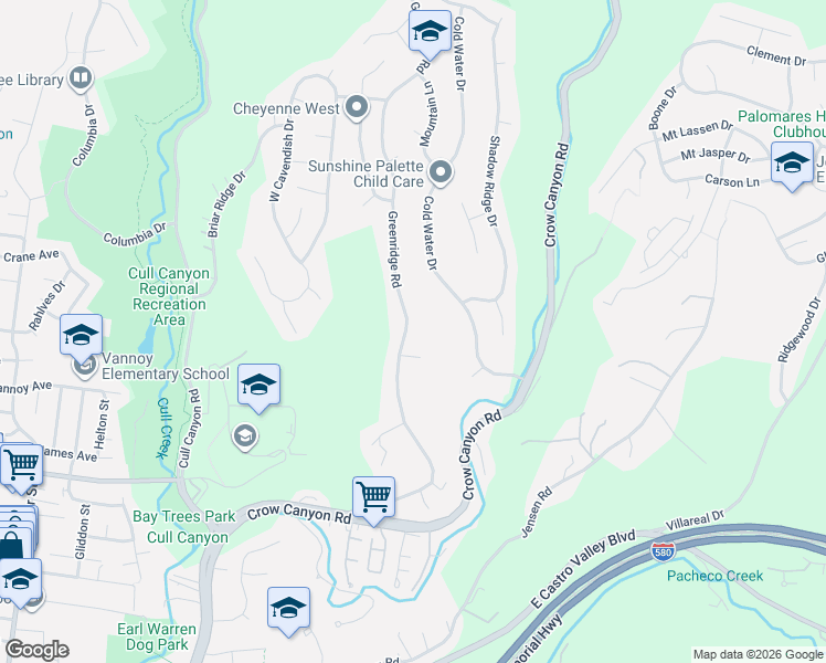 map of restaurants, bars, coffee shops, grocery stores, and more near 5559 Greenridge Road in Castro Valley