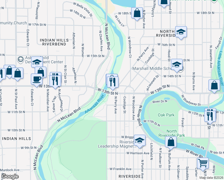 map of restaurants, bars, coffee shops, grocery stores, and more near 1952 West 13th Street North in Wichita