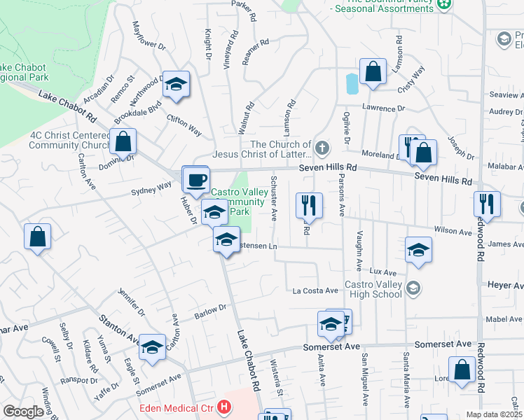 map of restaurants, bars, coffee shops, grocery stores, and more near 3578 Jerald Court in Castro Valley