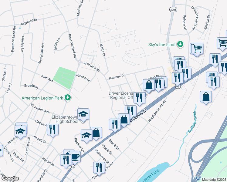 map of restaurants, bars, coffee shops, grocery stores, and more near 229 West French Street in Elizabethtown