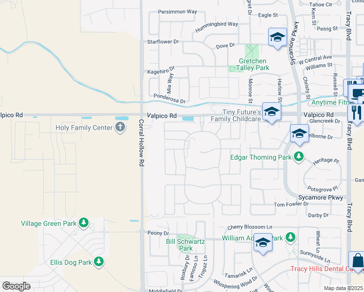 map of restaurants, bars, coffee shops, grocery stores, and more near 1801 Island Lane in Tracy