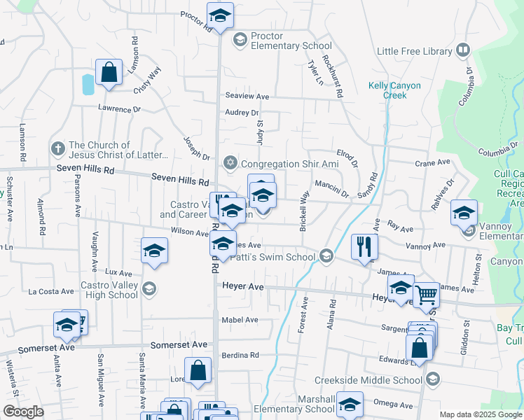 map of restaurants, bars, coffee shops, grocery stores, and more near 4400 Alma Avenue in Castro Valley