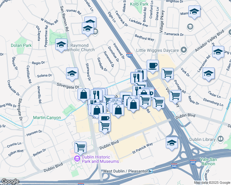 map of restaurants, bars, coffee shops, grocery stores, and more near 7601 Amador Valley Boulevard in Dublin