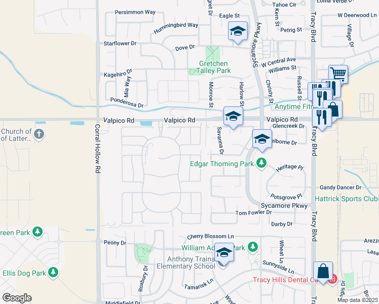 map of restaurants, bars, coffee shops, grocery stores, and more near 1567 Aloha Lane in Tracy