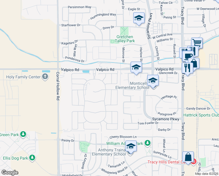 map of restaurants, bars, coffee shops, grocery stores, and more near 1499 Bluegrass Ln in Tracy