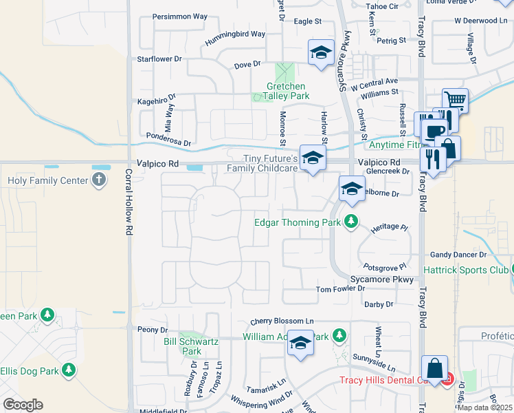 map of restaurants, bars, coffee shops, grocery stores, and more near 1551 Aloha Lane in Tracy