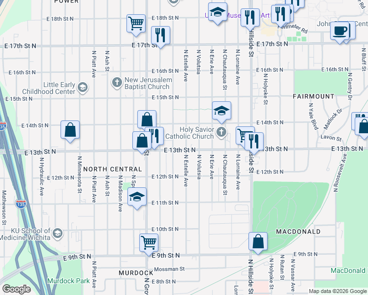 map of restaurants, bars, coffee shops, grocery stores, and more near 2626 East 13th Street North in Wichita