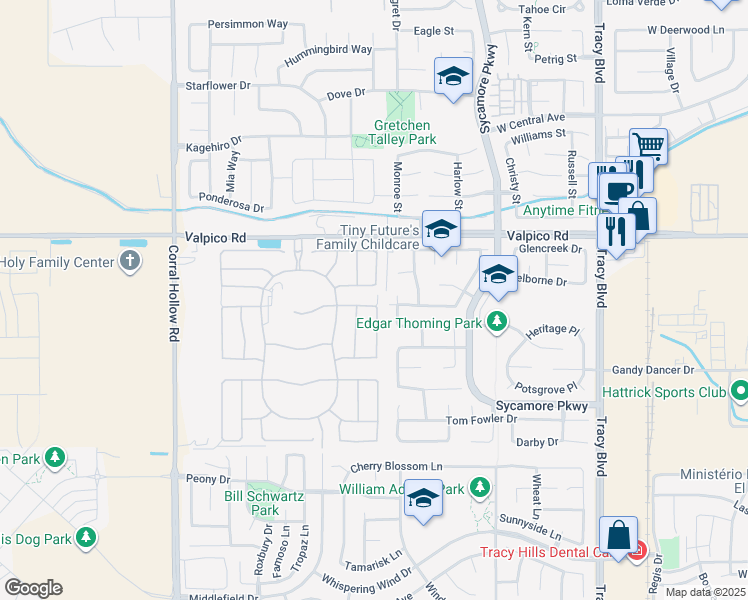 map of restaurants, bars, coffee shops, grocery stores, and more near 1503 Aloha Place in Tracy