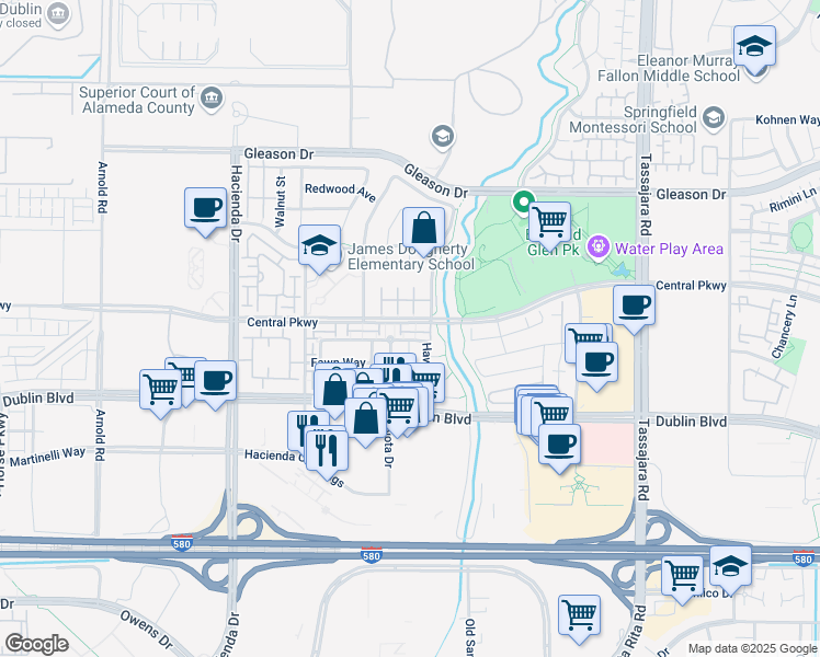 map of restaurants, bars, coffee shops, grocery stores, and more near 4570 Central Parkway in Dublin