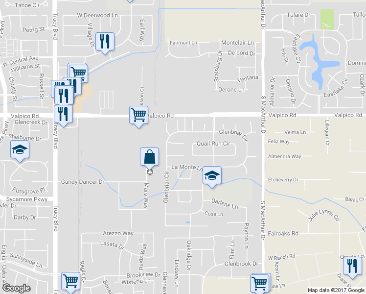 map of restaurants, bars, coffee shops, grocery stores, and more near 180 Oak Crest Court in Tracy