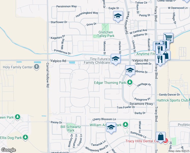 map of restaurants, bars, coffee shops, grocery stores, and more near 1551 Aloha Lane in Tracy