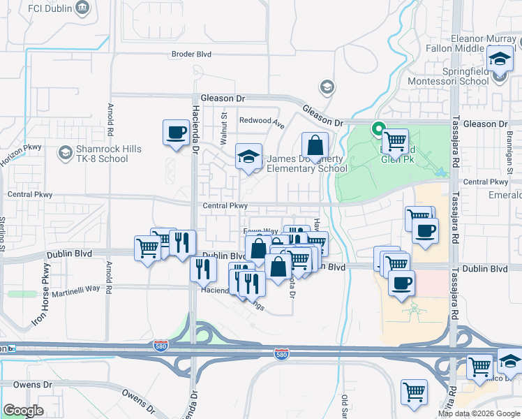 map of restaurants, bars, coffee shops, grocery stores, and more near 4764 Central Parkway in Dublin