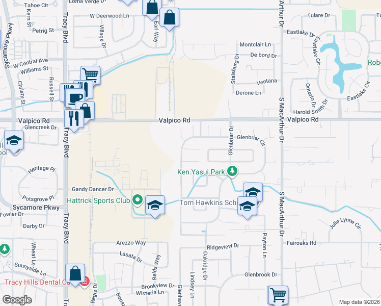 map of restaurants, bars, coffee shops, grocery stores, and more near 180 Oak Crest Court in Tracy