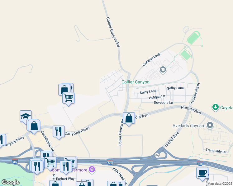 map of restaurants, bars, coffee shops, grocery stores, and more near 2950 Collier Canyon Road in Livermore