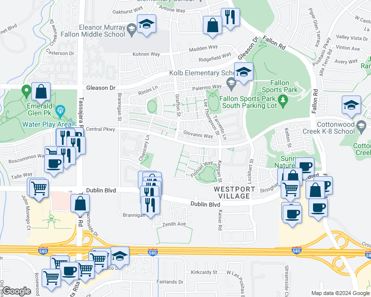 map of restaurants, bars, coffee shops, grocery stores, and more near 3437 Central Parkway in Dublin