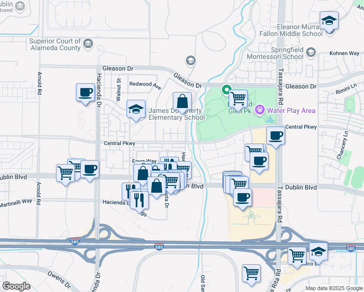 map of restaurants, bars, coffee shops, grocery stores, and more near 4570 Central Parkway in Dublin