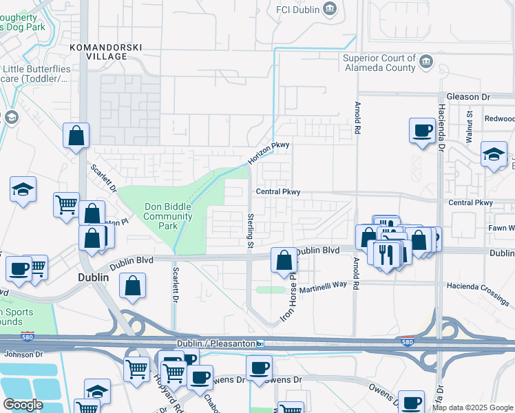 map of restaurants, bars, coffee shops, grocery stores, and more near 5780 El Dorado Lane in Dublin