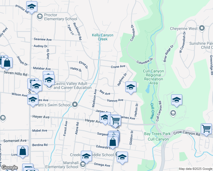 map of restaurants, bars, coffee shops, grocery stores, and more near 5069 August Court in Castro Valley