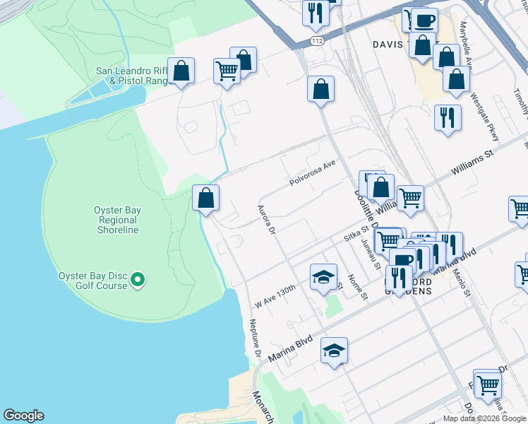 map of restaurants, bars, coffee shops, grocery stores, and more near 12898 Aurora Drive in San Leandro