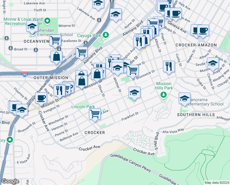 map of restaurants, bars, coffee shops, grocery stores, and more near 16 Ravilla Court in Daly City