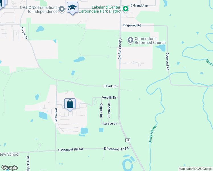 map of restaurants, bars, coffee shops, grocery stores, and more near 1306-1620 East Park Street in Carbondale