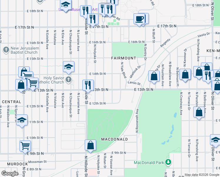 map of restaurants, bars, coffee shops, grocery stores, and more near 3400-3498 East 13th Street North in Wichita