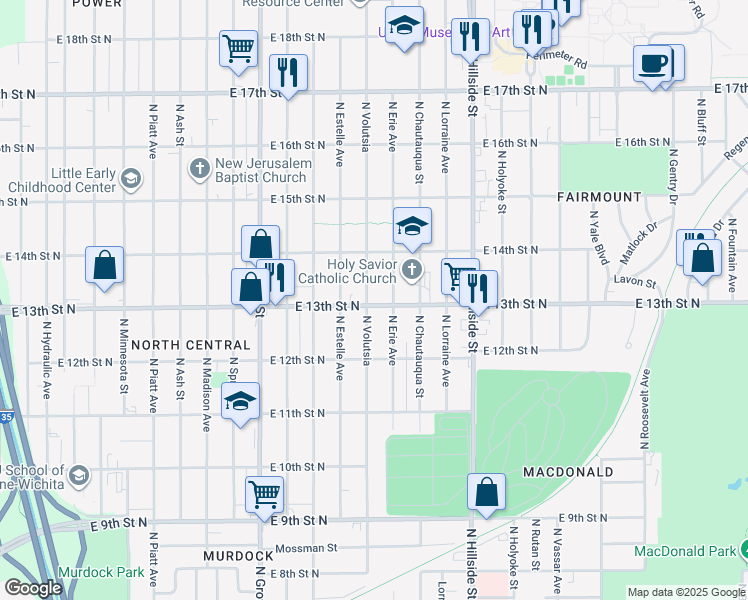 map of restaurants, bars, coffee shops, grocery stores, and more near 1412 N Volutsia St in Wichita