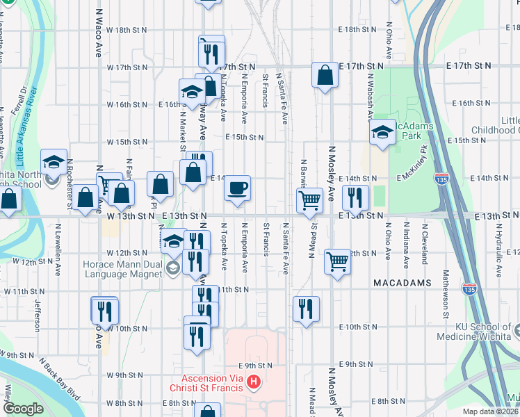 map of restaurants, bars, coffee shops, grocery stores, and more near 1409 Saint Francis in Wichita