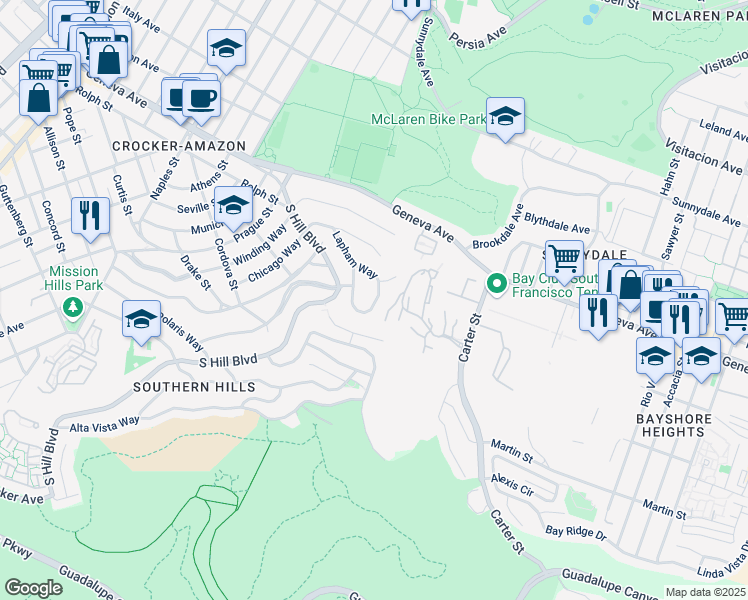map of restaurants, bars, coffee shops, grocery stores, and more near 75 Robinson Drive in San Francisco