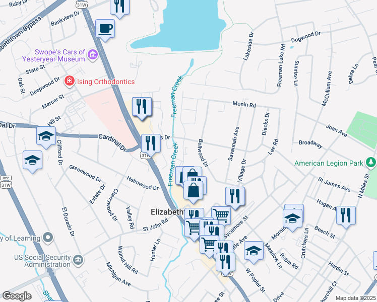 map of restaurants, bars, coffee shops, grocery stores, and more near 111 Helmwood Plaza Drive in Elizabethtown