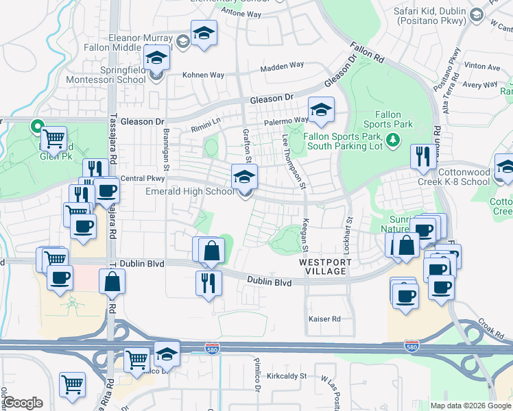 map of restaurants, bars, coffee shops, grocery stores, and more near 3437 Central Parkway in Dublin