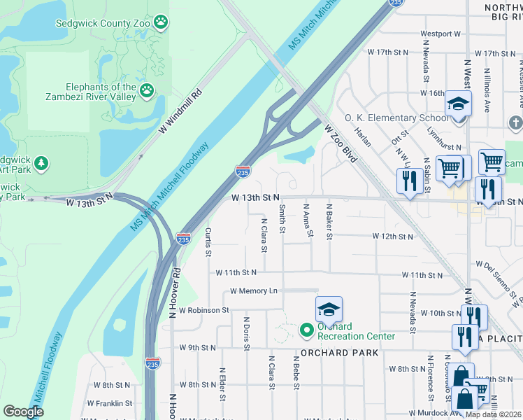 map of restaurants, bars, coffee shops, grocery stores, and more near 1328 North Clara Street in Wichita